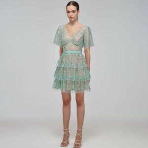 Self Portrait Grid Sequin Tiered Mini Dress